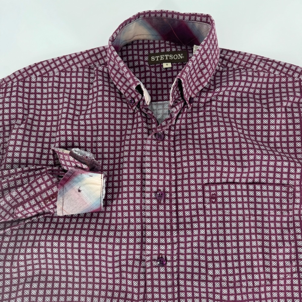 Stetson Mens Long Sleeve Geometric Print‎ Button Down Shirt Size S Burgundy